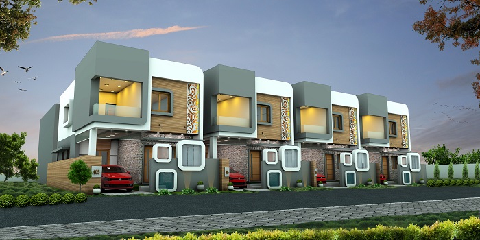 Independent villas adjacent to each other inside a gated community.